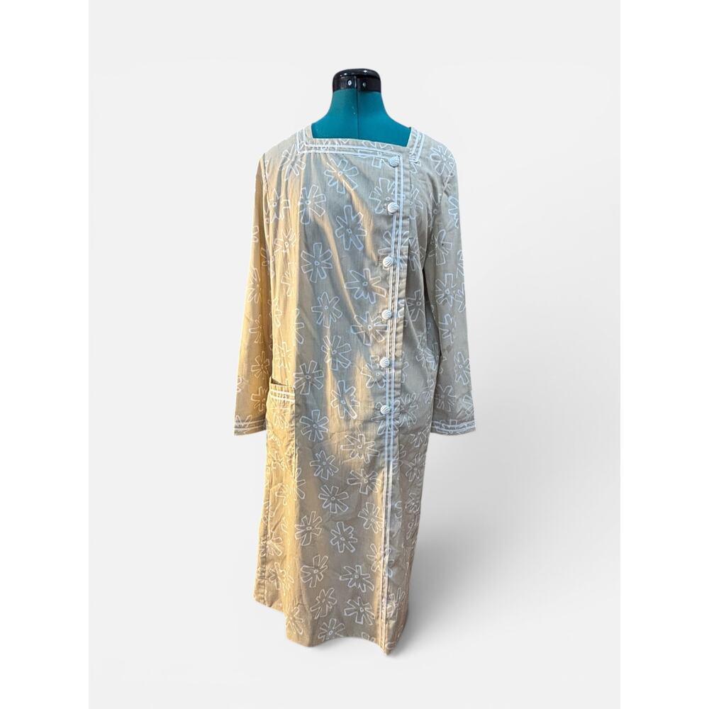 Tan Floral Wrap Dress 1980s Custom Made Natalia Asym Button Minimalist Midi